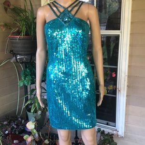 Robert Anthony Turquoise Sequined Cocktail Dress Size 8 Vintage. 1990’s